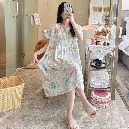 Cotton Silk Nightgown for Women, Summer Thin Short-Sleeved Printed Large Size Nightgown, Pregnant Women Can Wear It Outside, Cool Rayon Home Clothes