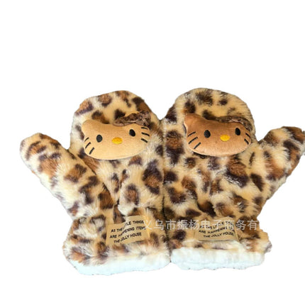 Leopard Print Cat Gloves Women's Winter Plush Gloves Student Cold-Proof Cycling Warm Fleece-Lined Thickeneding 2024 New Style