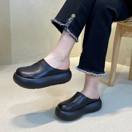 Vintage Casual Thick Bottom Slippers Women's Outer Wear Genuine Leather Sandals 2025 Summer New Round Head Cowhide Half Slippers