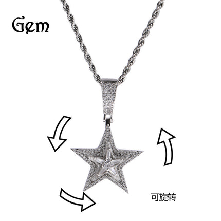 New European and American Style Hip-Hop Diamond-Encrusted Rotating Five-Pointed Star Pendant Necklace Amazon Hot-Selling Trendy Street Accessories