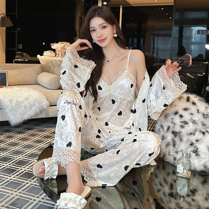 Wholesale Autumn and Winter New Style Gold Velvet Light Luxury Pajamas for Women Gold Velvet Home Clothes Live Broadcast Three-Piece Set Lace Pure Desire