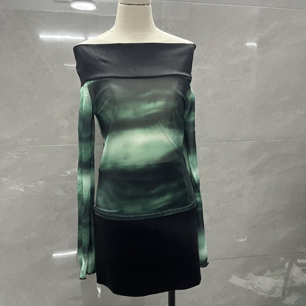 Trendy and Versatile Short Crop Top with Tie-Dye Mesh and One-Shoulder Long Sleeves for Women, Featuring a Pure and Desirable Style