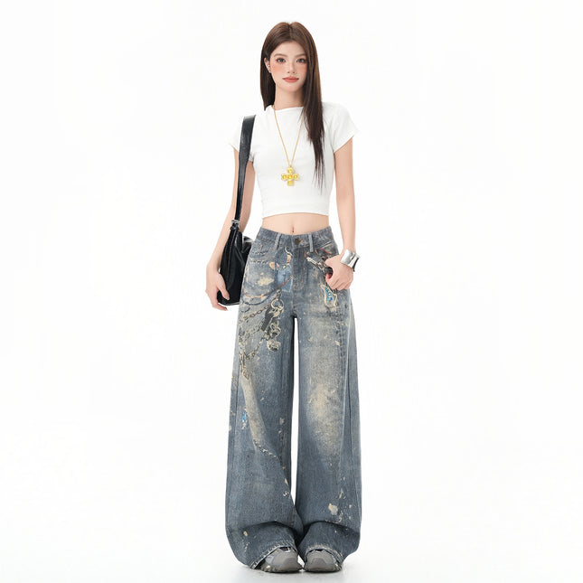 American High Street Wide-Leg Jeans for Women 2025 Summer New Design High-Waisted Loose Slimming Floor-Length Pants