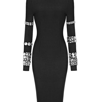 European and American Black Heavy Industry Nail Drill Long Sleeve High Neck Bandage dress Slim-Fit Slimming Knitted Round Neck Women's Autumn and Winter