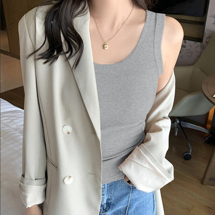 Casual Versatile Camisole for Women with Wide Shoulder Straps, French-Style Sleeveless Top, White Wide Strap Ribbed Tank Top with Beautiful Back Design