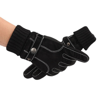 Outdoor Gloves Pigskin Gloves Men's Autumn and Winter Fleece-Lined Thickened Warm Gloves Windproof Cycling Touch Screen Gloves