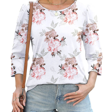 50 Colors Cross-Border European and American Amazon Spring and Summer New Printed T-Shirts with Cuff Buttons, Casual Versatile Vacation Women's Clothing