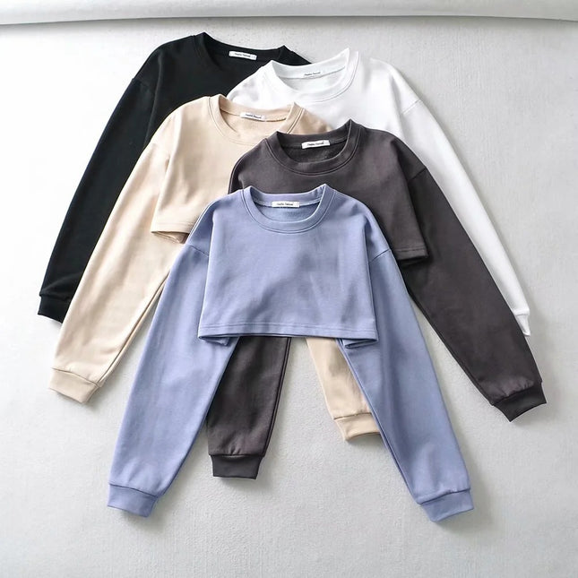 Loose Short Sweatshirt Ins European and American Fashion Navel-Baring Sports Sweatshirt Student Autum Fashion Pure Color Sports Suit