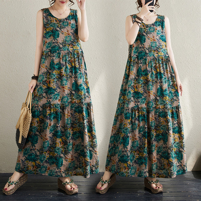 Simple Artistic Pastoral Style 2024 Summer New Loose Slimming Bohemian Foreign Trade Short-sleeved dress Women