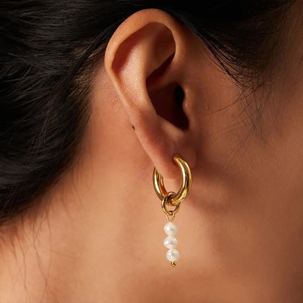 Asymmetric Pearl Earrings, Titanium Steel Light Luxury Style Gold Hoops, Niche Design Baroque Pearl Earrings