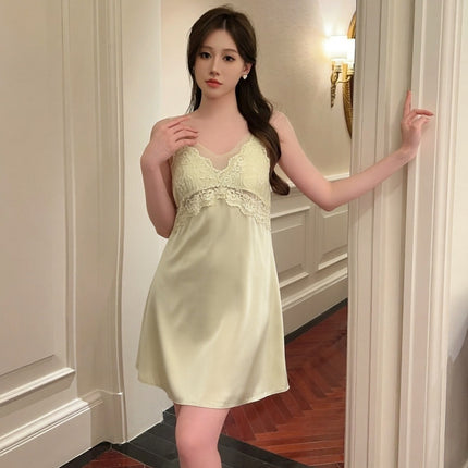 Women's Summer Mesh Lace Nightgown Sexy Pajamas Ice Silk Nightgown Suspender Two-Piece Set Live Broadcast Hot Style with Breast Pads