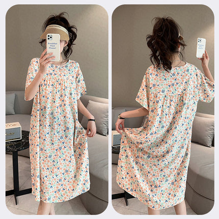 Cotton Silk Nightdress Women's Short-sleeved Artificial Cotton Pajamas Summer Thin Large Size Loose Home Clothes Simple Floral Dress