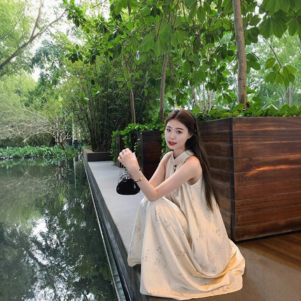 Retro Elegant Long Dress Mori Style Cold Dark Pattern Bamboo New Chinese Style National Style Sleeveless Neck dress Women