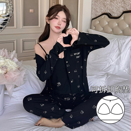 Vernis Spring and Autumn Pajamas Three-Piece Set Modal Bear Printed Drape Comfortable Home Clothes with Chest Pad for Women