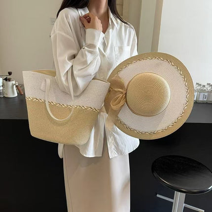 New Color-matching Straw Woven Bag Straw Hat suit Large Capacity Shoulder Bag Woven Bag High-end Seaside Beach Tote Bag