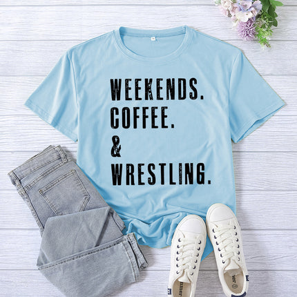 Cross-border Amazon WEEKENDS COFFEE WRESTLING printed short-sleeved women's top T-shirt European code