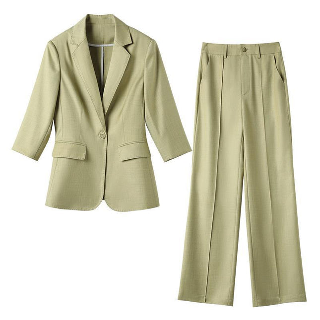 Green Wide-leg Pants Suit suit Women's Summer Thin 2023 High-end New Elegant Casual Cropped Sleeve Small Suit