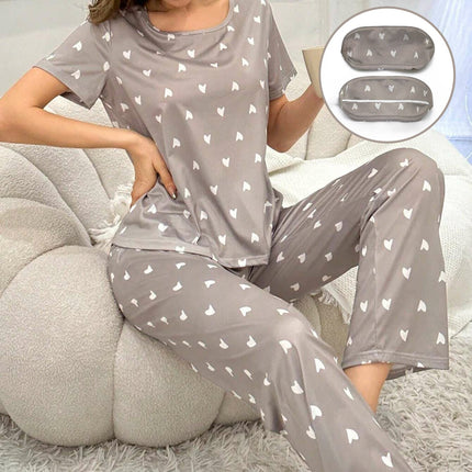 Cross-Border Women's New Foreign Trade Casual Home Wear Heart Short-Sleeved Trousers Two-Piece Set Comfortable Eye Mask Pajamas Set
