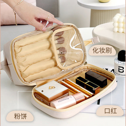 Hot Selling Double Layer Cloud Cosmetic Bag Women's Portable Travel Pu Large Capacity Washing Makeup Brush High-Looking Storage