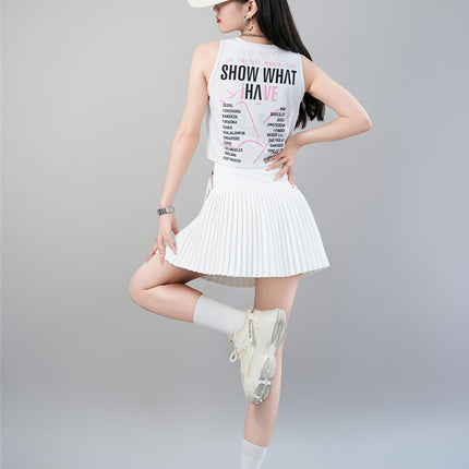 Korean Idol Zhang Yuanying's Same Style White Printed Tank Top Sleeveless Chain Pleated Skirt Short Skirt Stage Outfit Set Summer