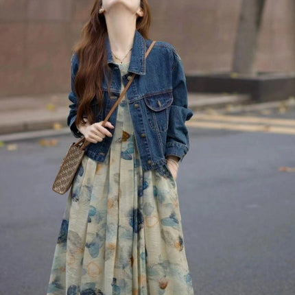 Spring 2025 new salt light cooked wind fashion age-reducing ink painting dress with Denim short coat two-piece set