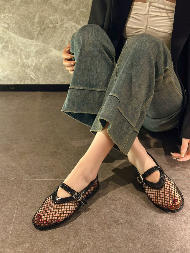 Ballet Shoes Women's Flats Hollow Out Mary Jane Single Shoes Fishnet Shoes 2025 Summer New Sandals Women Mesh Shoes