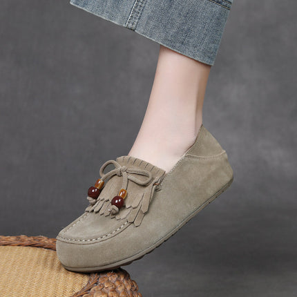 Jishu 25 Autumn New Retro Beaded Tassel Flats with Increased Height Loafers Genuine Leather Lazy Flats for Women That Can Be Worn in Two Ways