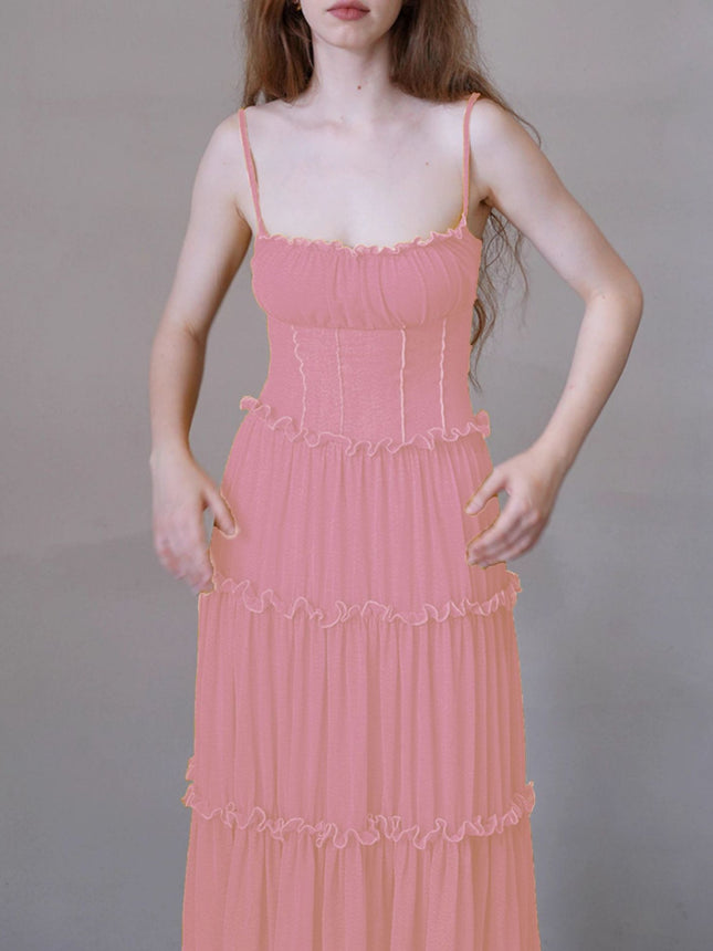 Pink French Design Niche Waist-Cinching Suspender Drapey Long Skirt with Open Back for Spring and Summer