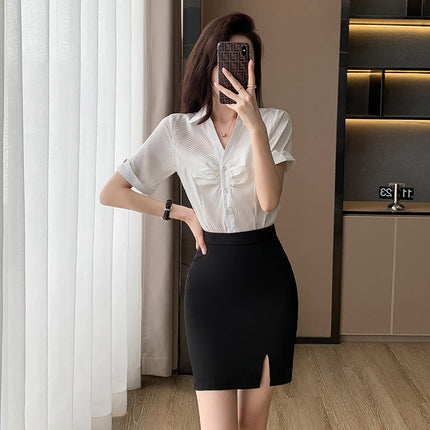 Summer New Business Wear Women's Suit Fashion Elegant Short-sleeved Shirt Dress Dress Jewelry Store Front Desk Work Clothes