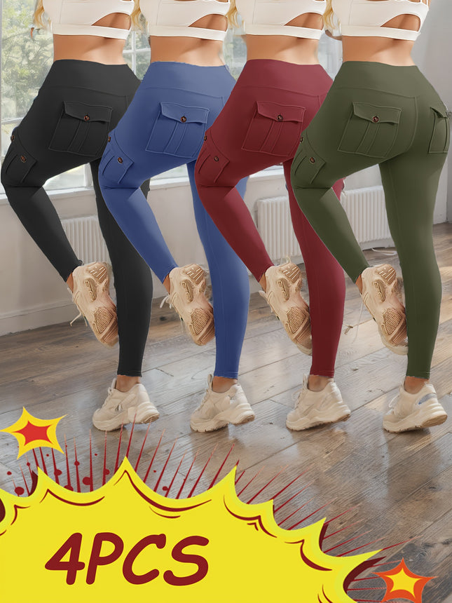 4Pcs High Waist Yoga Leggings with 4 Button Pockets,