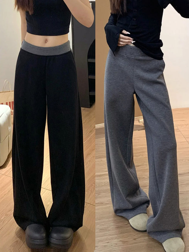 Stitched Contrasting Color Wide-Leg Pants for Women 2025 Spring & Fall Sports Pants Low-Waisted Straight Pants Floor-Length Low-Waisted Extended Knitted Pants