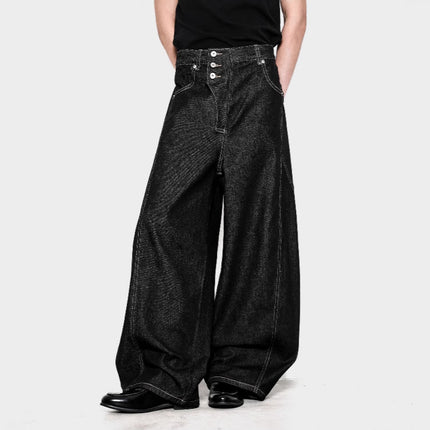 American Retro Loose Distressed Washed Black Wide-Leg Scimitar Pants Unisex Versatile Floor-Length Straight Denim Trousers Trendy