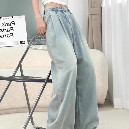 Women's Summer Thin High-Waisted Loose Drape Slimming Versatile Light-Colored Straight-Leg Jeans