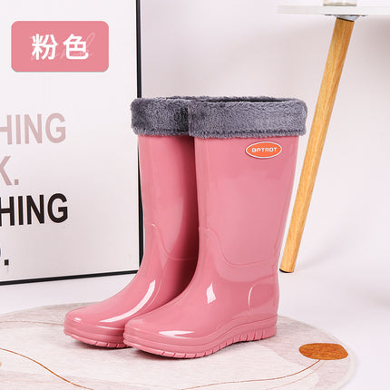 Women's Rain Shoes Korean Style Fashionable Mid-barrel High-bark Rain Boots Thick Sole Non-slip Waterproof Plus Cotton Velvet Warm Cover Shoes Outdoor Water Shoes