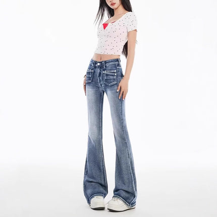 Light Blue Washed Low-Waist Flared Jeans for Women, 2025 Spring New Design, Stylish Slim-Fit Bootcut Pants