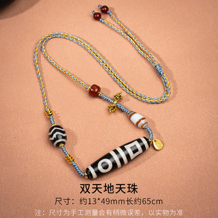Natural Yellow Nine-Eyed Dzi Bead Necklace, Taiwanese Agate Pendant, Men's and Women's Couple's Braided Necklace, Ready for Sale