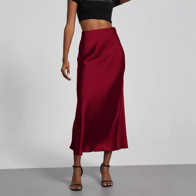 Cross-border women's clothing wholesale European and American style fashion temperament satin texture skirt solid color glossy wine red medium skirt