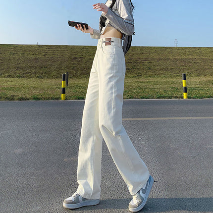 2025 Slimming Versatile High-Waisted Wide-Leg Pants White Denim Floor-Length Straight Pants Niche Loose Women's Two-Button Trendy