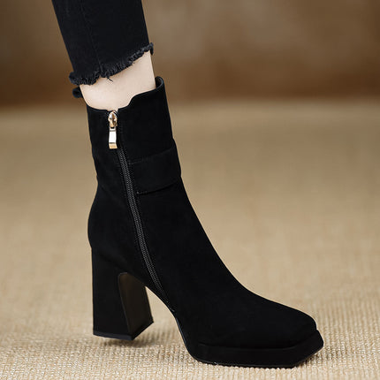 2025 New Women's Shoes~ New Short Boots, High-Heeled Boots, Chunky Heel, Waterproof Platform, Buckle Strap, Black