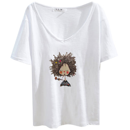 V-neck ultra-thin front shoulder slub cotton letter printing summer 2024 new Korean loose top short sleeve women's T-shirt fashion