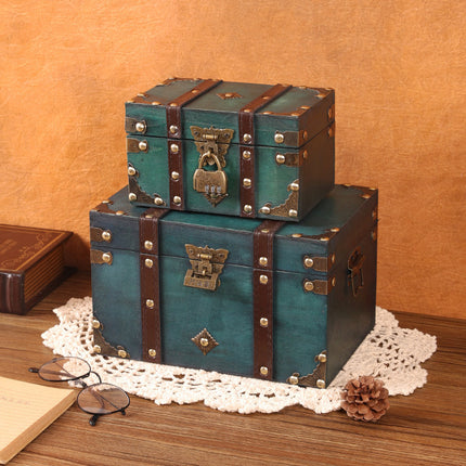 European Retro Wooden Storage Box with Lock Chinese Antique Emerald Square Jewelry Box Photography Props Treasure Box