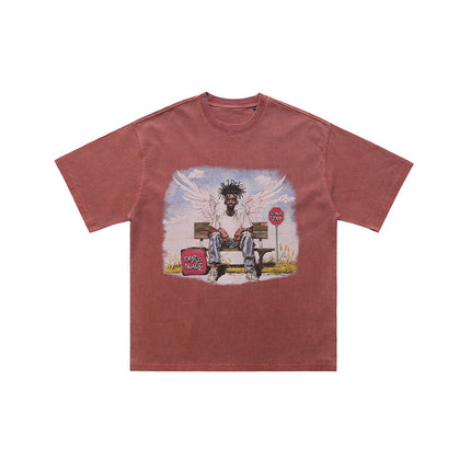 LawFoo American Street Washed Old Street Figure Printed Spring and Summer Loose Short-sleeved T-shirt Men's Top