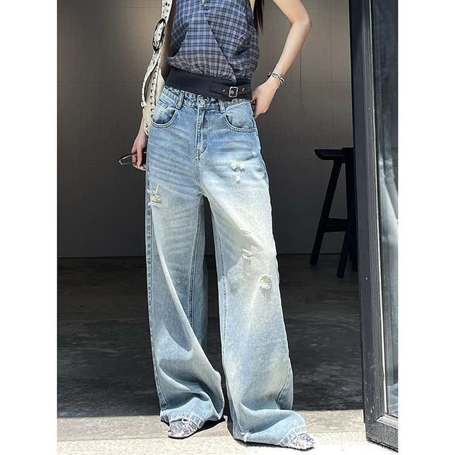 Wholesale Dropshipping Retro Ripped Wide-Leg Jeans for Women, Loose Slimming High Street Straight Pants, Casual Pants, Floor-Length Pants