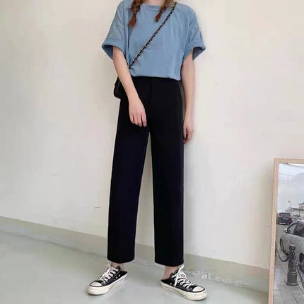 Black Loose Versatile Wide-Leg Straight Suit Pants for Women, Summer Thin High-Waisted Slimming Casual Professional Floor-Length Trousers