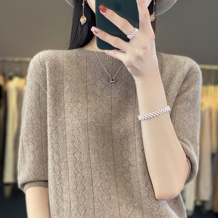 23 woolen sweater women's round neck short sleeve knitted bottoming shirt half sleeve hollow-out design top wholesale