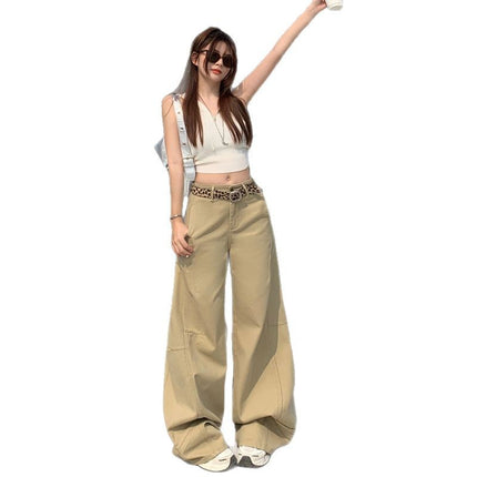 American Style Retro Jeans Women's Design Stitching khaki Loose Lazy Wide Leg Straight Pants