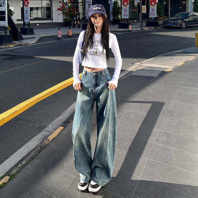 2025 Spring New American Style Retro Scimitar Wide Leg Jeans Women's High Waist Straight Loose Slim-fit Mop Pants
