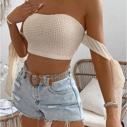 European and American Navel-Baring Tube Top, One-Piece Ribbon Wrap Top, Hot Girl Short Tube Top, Can Be Worn Outside, Fashionable and Sexy