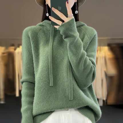 First-line clothing pure wool 2025 spring new women's short solid color hoodie pullover base sweater sweater