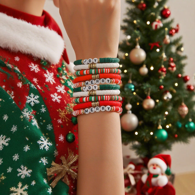 European and American Cross-Border Jewelry, Simple Soft Pottery Beads, Contrasting Color Hand Jewelry, Niche Colorful Christmas Letter Bracelet Set